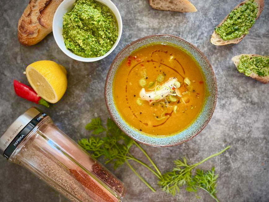 Vegetarian Carrot, Cumin and Turmeric Soup with Carrot Pesto Cole & Mason UK