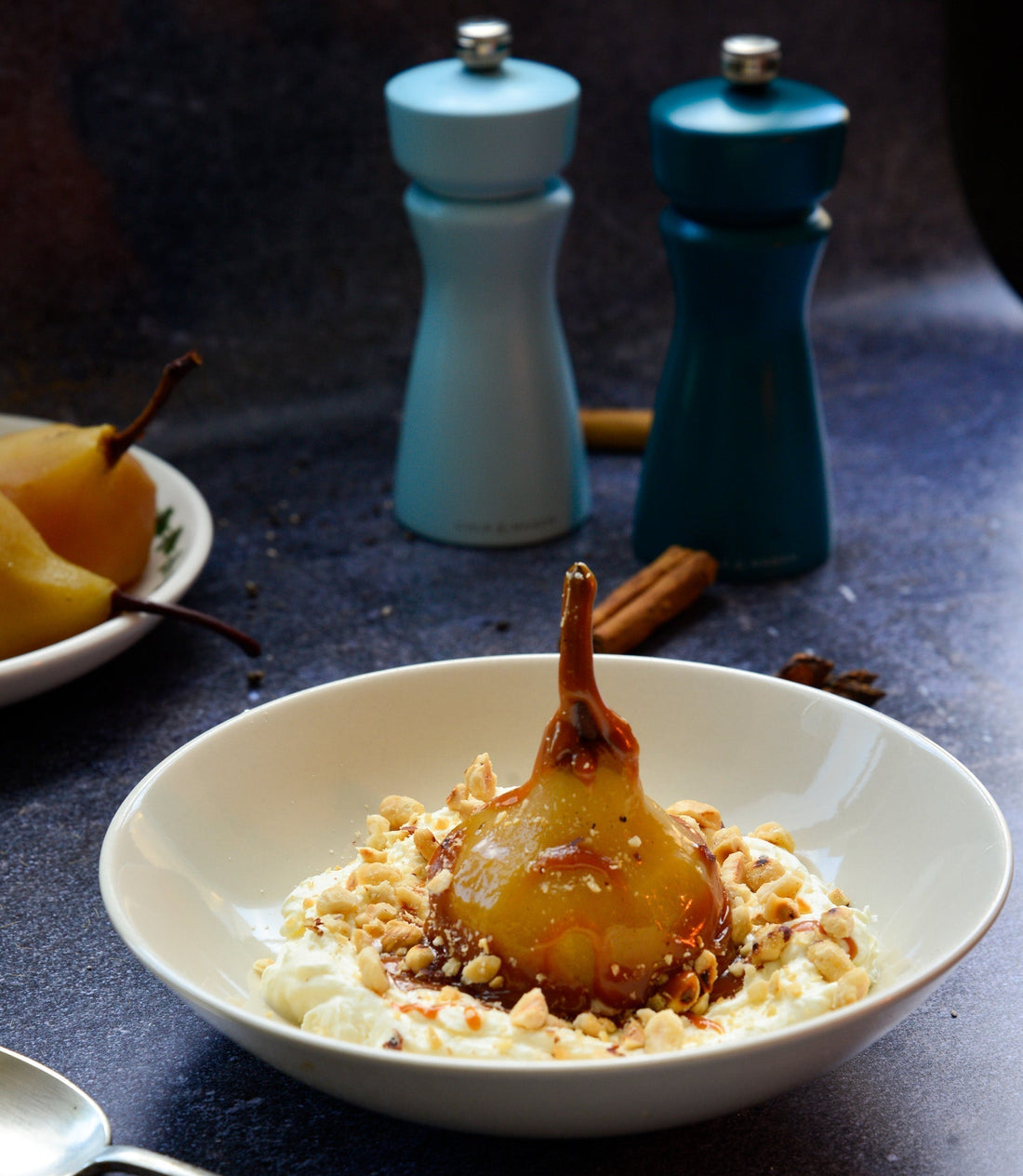 Poached Pears with Cream and Salted Caramel