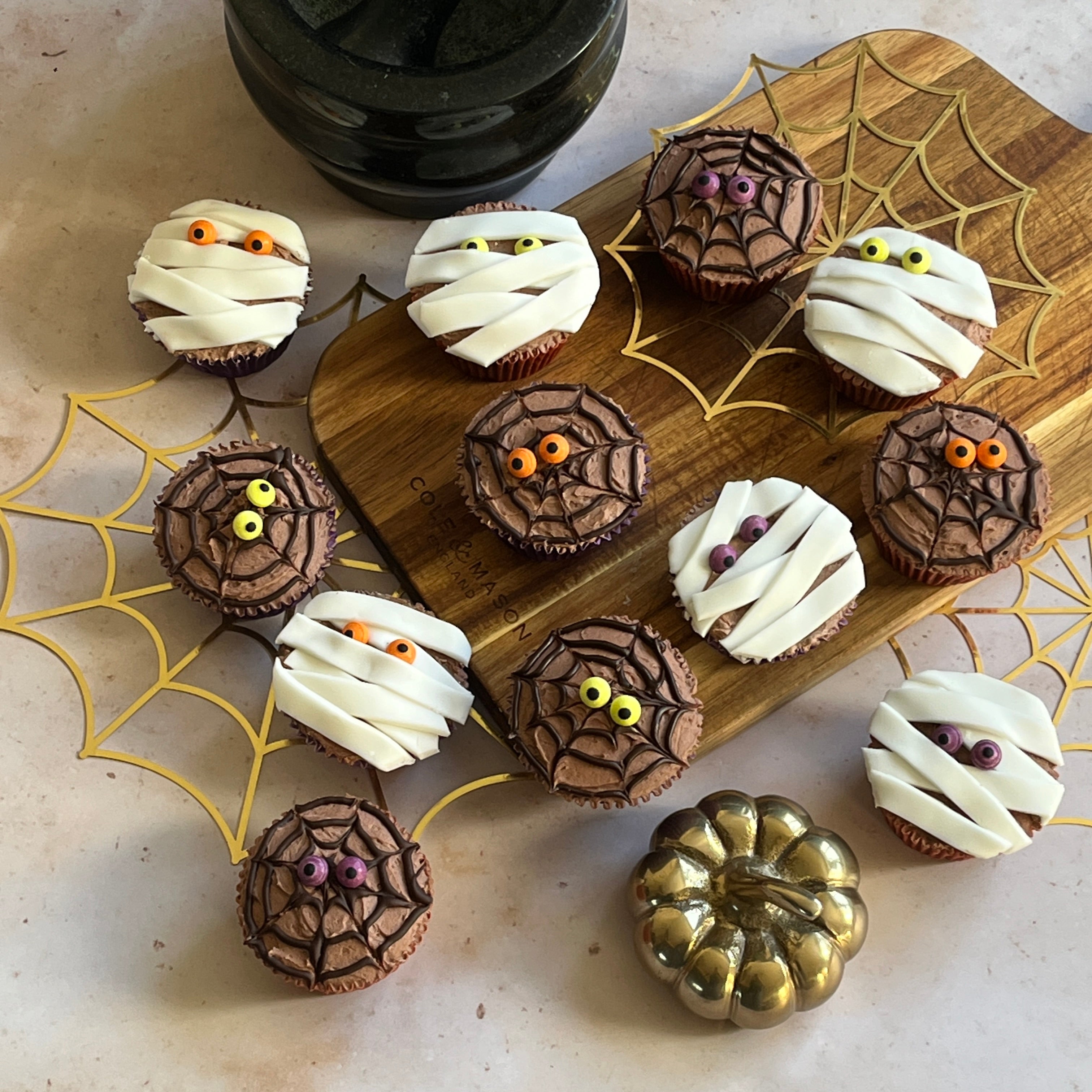 Halloween Mummy and Spider’s Web Cupcakes