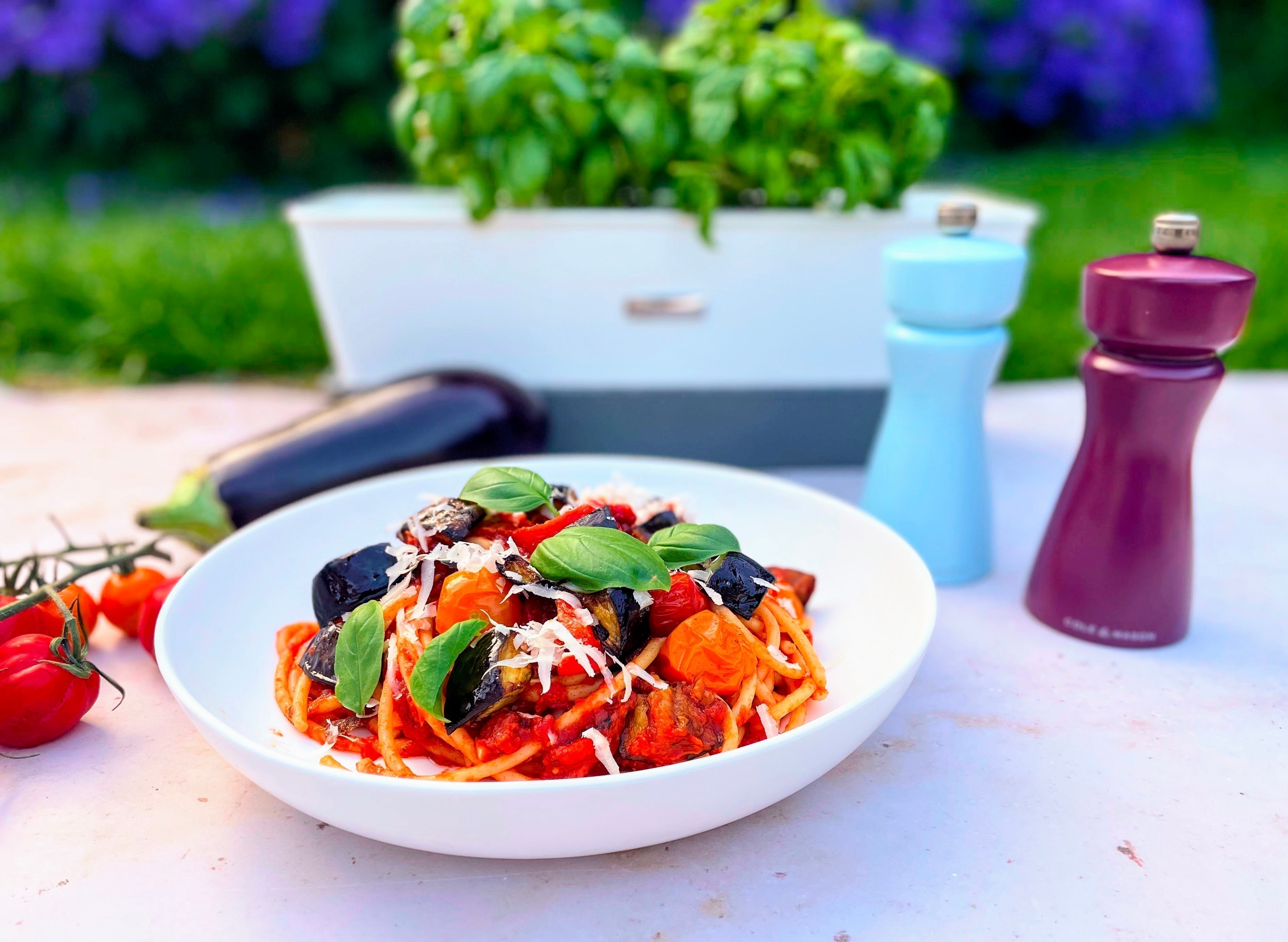 Roasted Aubergine and Tomato Spaghetti