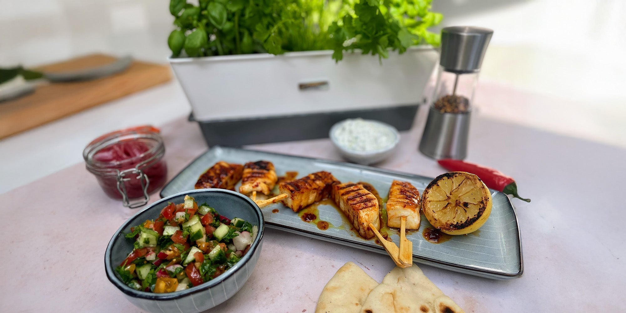 Harissa and Honey Halloumi Skewers