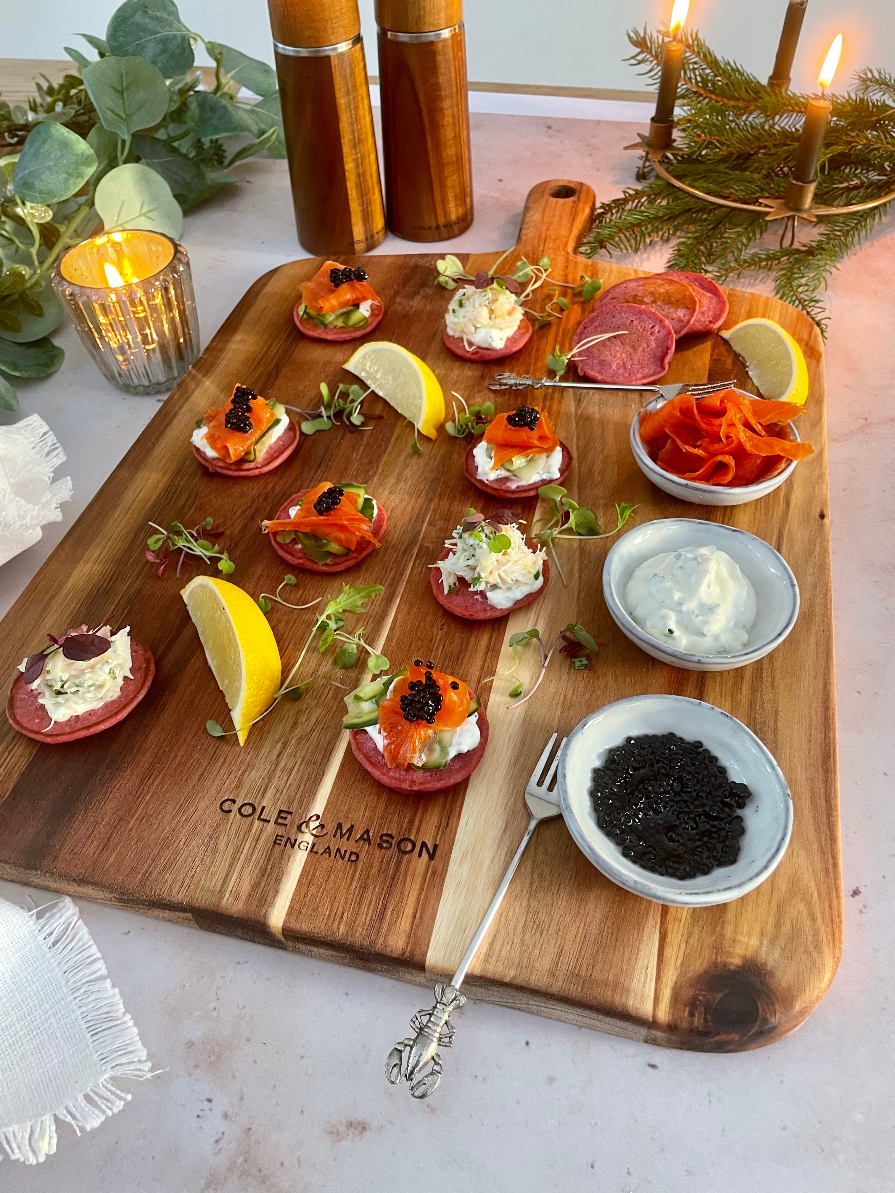 Smoked Trout, Beetroot and Horseradish Blinis Cole & Mason UK
