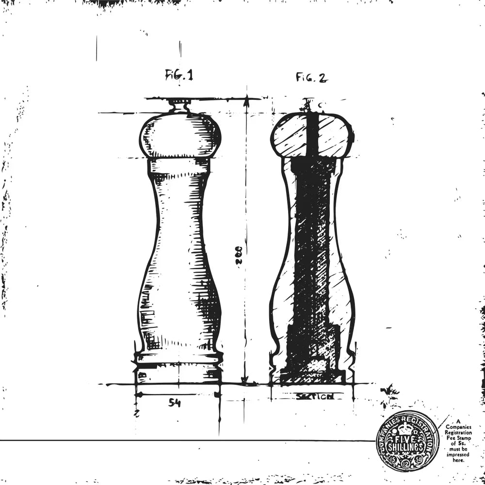 A hand-drawn patent-style illustration of a classic pepper grinder, showing a side view and a cross-section, with labeled dimensions and a vintage stamp in the bottom right corner.