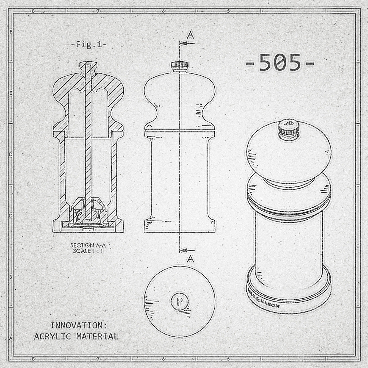Technical drawing of a pepper grinder, showing front, side, top views, and a sectional cut; labeled “505” with “Innovation: Acrylic Material” written at the bottom.