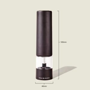A sleek Brixton Electric Mill Matt Black GS from Cole & Mason, featuring a durable ceramic grinder for consistent results, measures 185mm tall by 46mm wide. Displayed on a light background, this electric mill offers convenient one-handed operation.