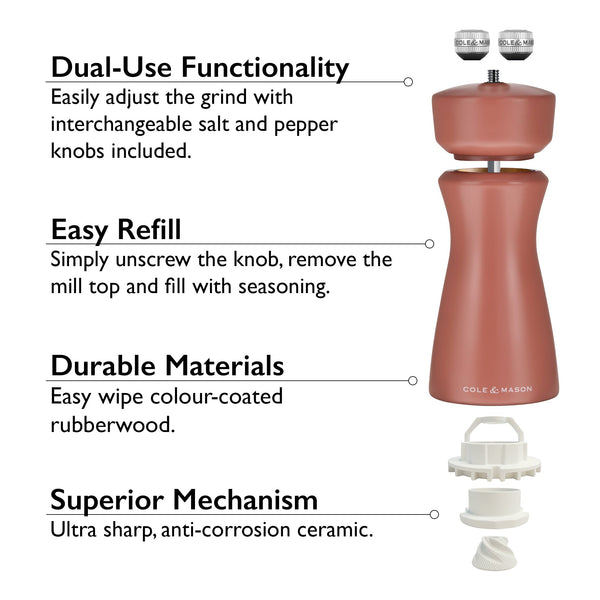 The Cole & Mason Kenton Salt & Pepper Mill in Cinnamon is crafted for the modern kitchen, offering dual-use functionality, easy refilling, a durable color-coated rubberwood body, and a sharp anti-corrosion ceramic grinder mechanism.