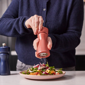 A person seasons a colorful salad on a plate using the Cole & Mason Kenton Salt & Pepper Mill in Cinnamon, which features a ceramic grinder. Another Kenton Salt & Pepper Mill rests on the counter nearby, complementing the kitchen accessories with its stylish design. The person is dressed in a dark sweater and light-colored pants.