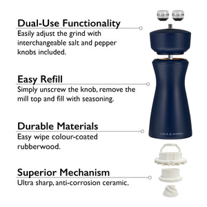 Introducing the Cole & Mason Kenton Salt & Pepper Mill in Persian Blue Salt, featuring dual-use knobs, an easy-refill top, a durable color-coated body, and an ultra-sharp ceramic grinding mechanism. Enjoy simple adjustment for effortless seasoning refills, lasting materials, and superior performance in every grind.