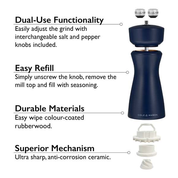 Introducing the Cole & Mason Kenton Salt & Pepper Mill in Persian Blue Salt, featuring dual-use knobs, an easy-refill top, a durable color-coated body, and an ultra-sharp ceramic grinding mechanism. Enjoy simple adjustment for effortless seasoning refills, lasting materials, and superior performance in every grind.