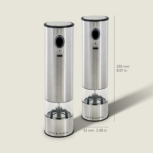 Two Cole & Mason Battersea USB Electric Salt & Pepper Mills with ceramic grinders for durability. Each mill is 205 mm (8.07 in) tall and 53 mm (2.08 in) wide, designed for easy one-handed operation.
