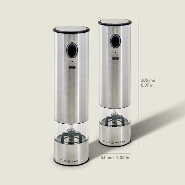 Two Cole & Mason Battersea USB Electric Salt & Pepper Mills with ceramic grinders for durability. Each mill is 205 mm (8.07 in) tall and 53 mm (2.08 in) wide, designed for easy one-handed operation.
