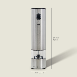 The Cole & Mason Battersea USB Electric Salt & Pepper Mill stands upright, measuring 205 mm tall and 55 mm wide. It features a stainless steel body, ceramic grinder, USB rechargeability, and a transparent lower section.