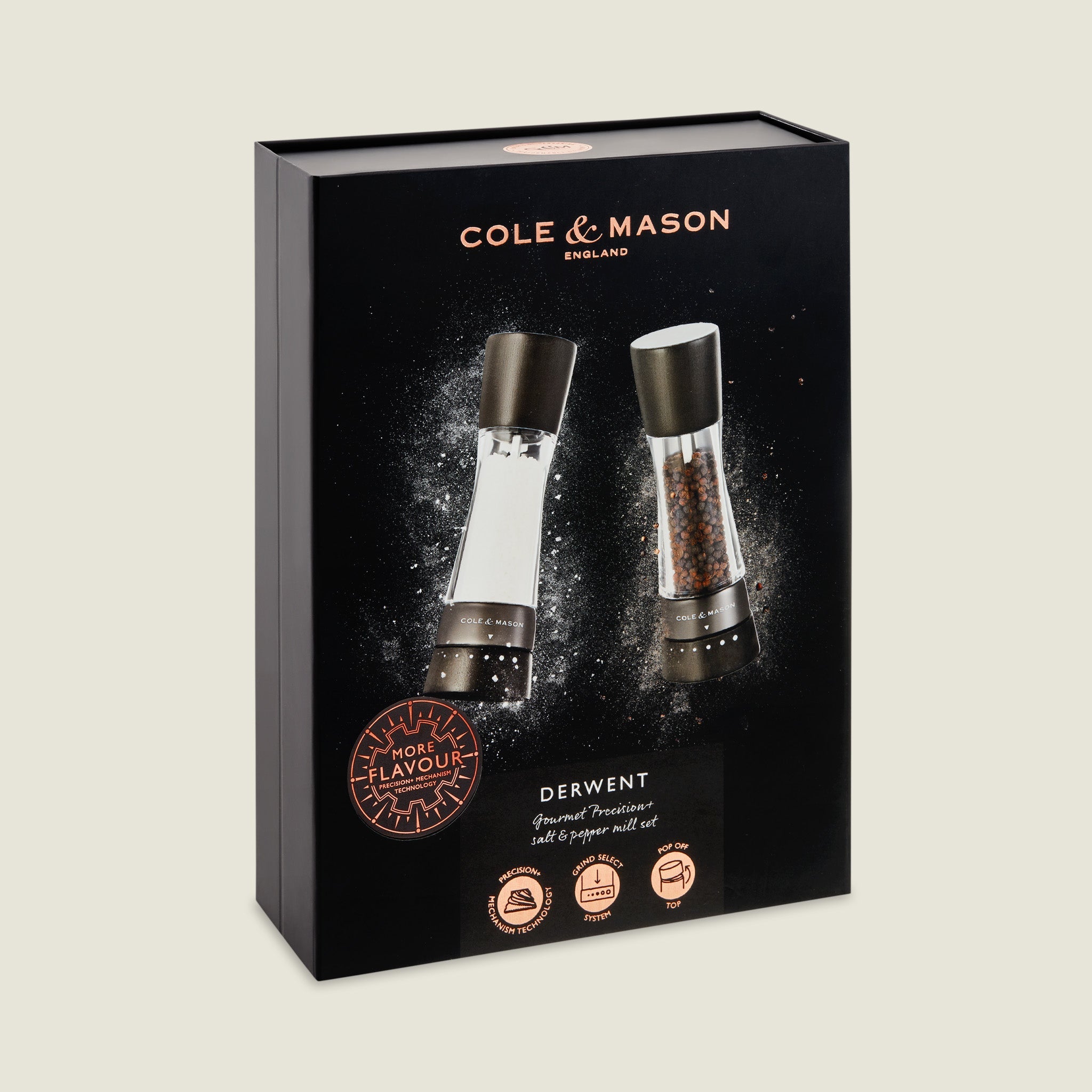 Box of Cole & Mason Derwent salt and pepper mills set, featuring images of the clear grinders filled with salt and pepper, on a black background with product branding and information.