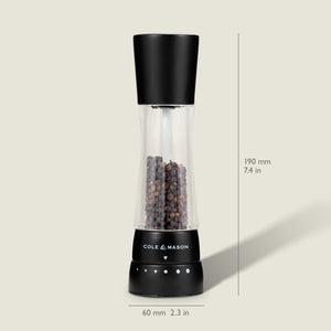 #pepper The Cole & Mason Derwent Matt Black Salt & Pepper Mill features a black and clear acrylic body, filled with peppercorns, stands 190 mm (7.4 in) tall and 60 mm (2.3 in) wide, and includes adjustable grind settings.