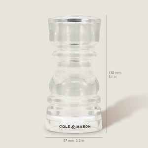 #130mm The Cole & Mason London Acrylic Salt & Pepper Shaker, part of their London collection, measures 130mm tall by 57mm wide and features branded detailing at the base against a light background.