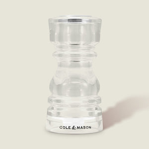 #130mm #singleshaker The Cole & Mason London Acrylic Salt & Pepper Shaker, with its classic curved design and clear acrylic body, stands upright on a light background—an ideal addition to any salt and pepper shaker collection.
