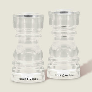 #130mm #shakerset Two Cole & Mason London Acrylic Salt & Pepper Shakers stand side by side on a neutral background, each with the brand name displayed at the base.