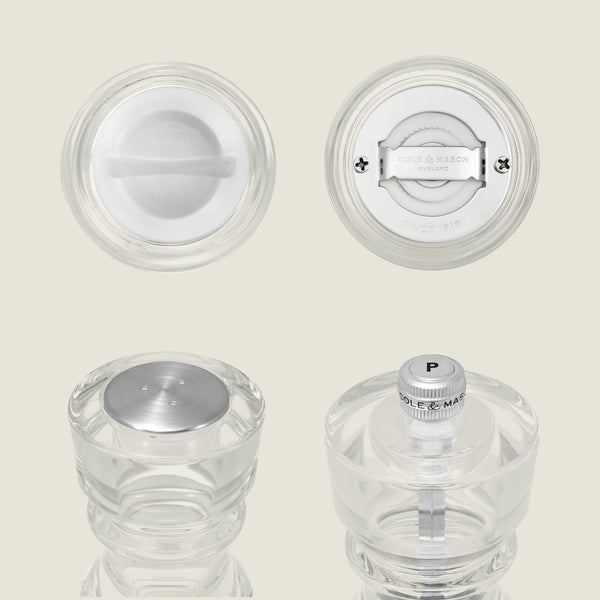 Four views of the Cole & Mason London Acrylic Salt Shaker & Pepper Mill Set, featuring clear round acrylic with metal and plastic parts—shown from top, bottom, side, and highlighting the grinder mechanism and brand label for modern table settings.