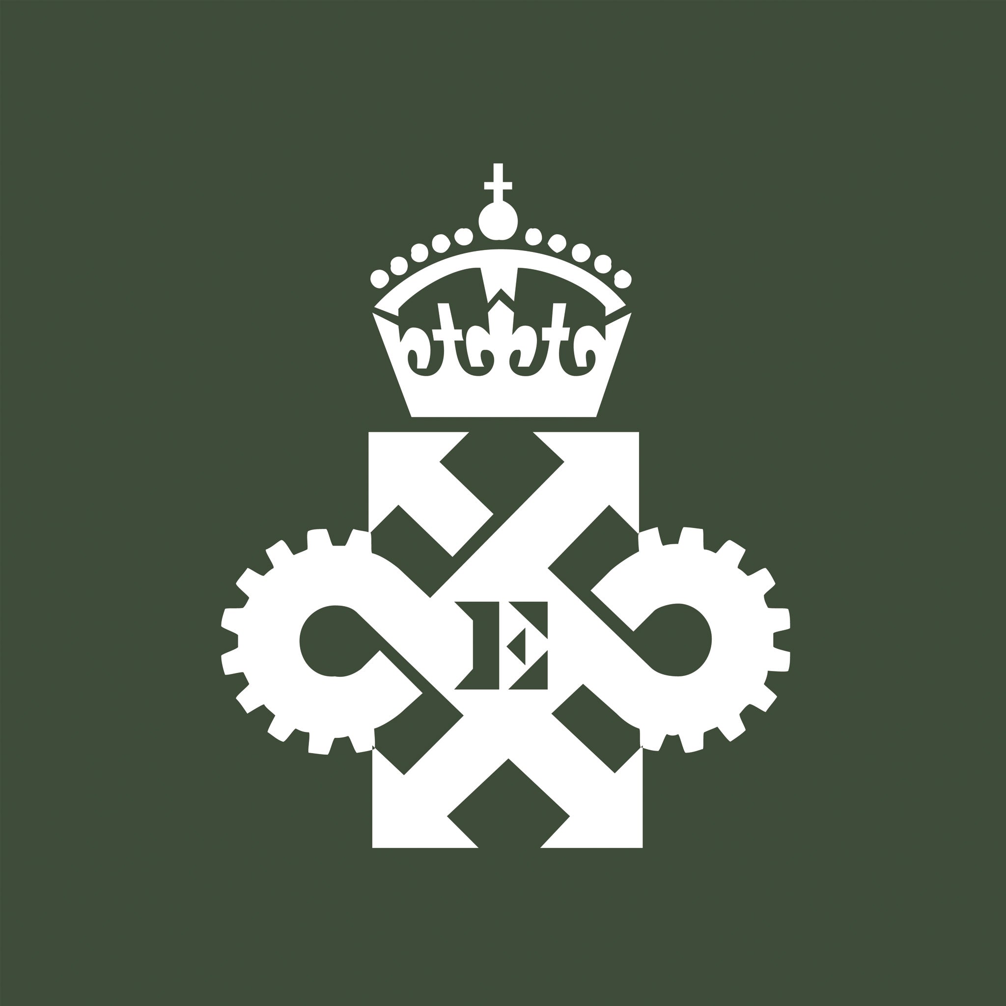 A white emblem on a dark green background shows a crowned shield with an E in the center, flanked by two interlocking gears and an abstract cross shape.