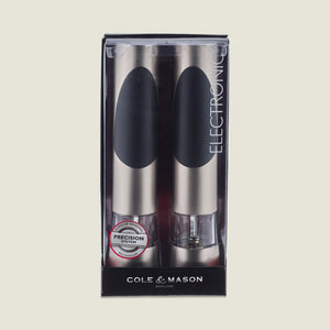 The Cole & Mason Richmond Electronic Salt & Pepper Mill Set includes two stainless steel mills with black accents, battery-powered grinding, the Precision System, and adjustable grind levels, shown against a plain background.